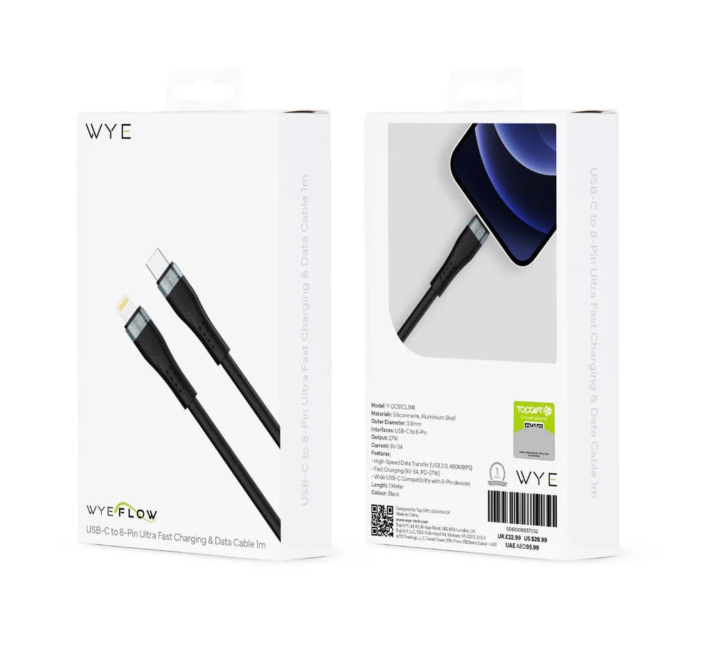 WYE FLOW USB-C to 8-Pin Ultra Fast Charging & Data Cable 1m