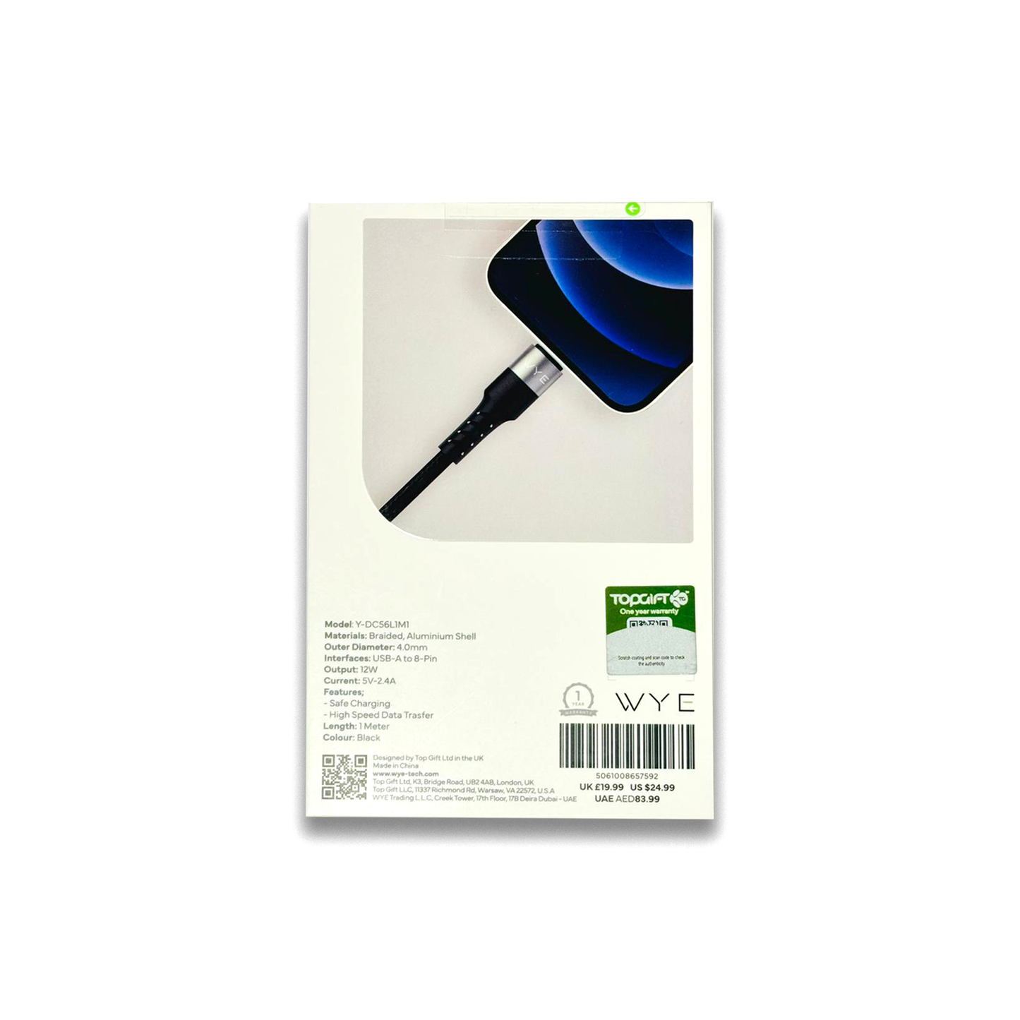 WYE FLOW USB-A to 8-Pin Fast Charging & Data Cable 1 meter