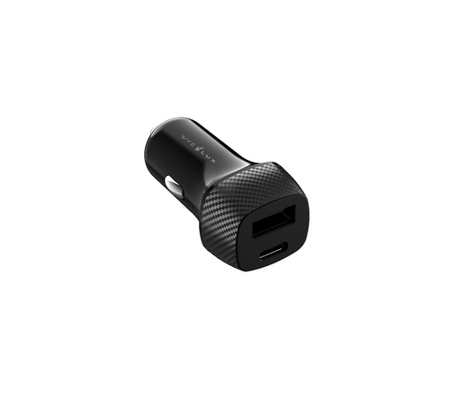 WYE FLUX 30W Fiber Carbon Design In-Car Charger with USB-A and USB-C Ports