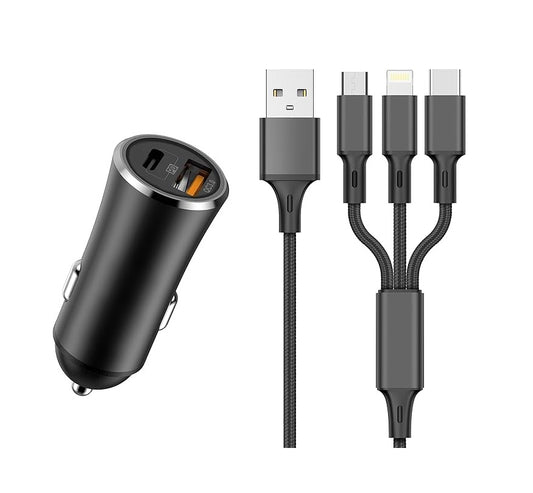 WYE FLUX 17W USB-A & USB-C In-Car Charger with 3-In-1 Cable